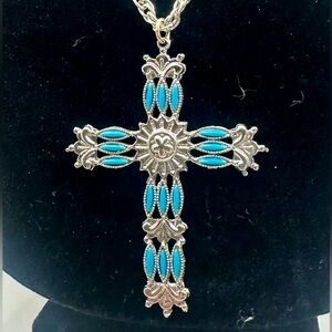 Southwest Navajo-Style Silver Toned Etched Faux Turquoise Cross Necklace; 24”